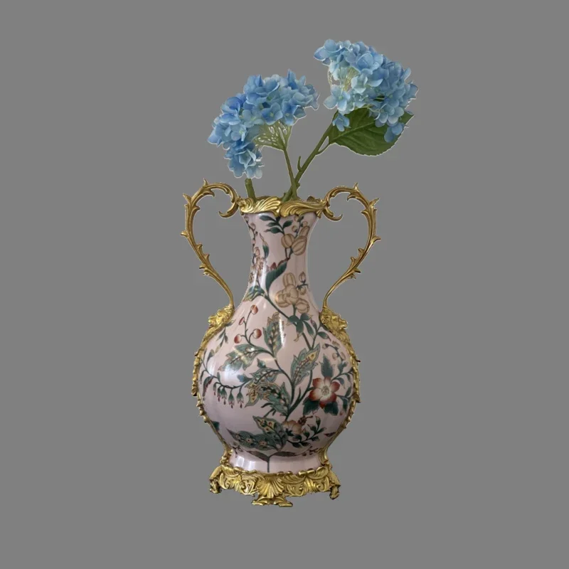 Brass vase hand-painted classical design painting customized mansion vase luxury room vase flower pot white enameled