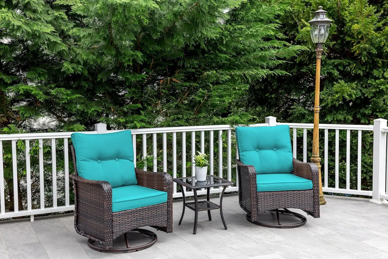 3 Pieces Patio Swivel Rocker Wicker Chairs-Outdoor Chairs with 1 Rattan Coffee Table&2 Thickened Cushions Conversation Sets