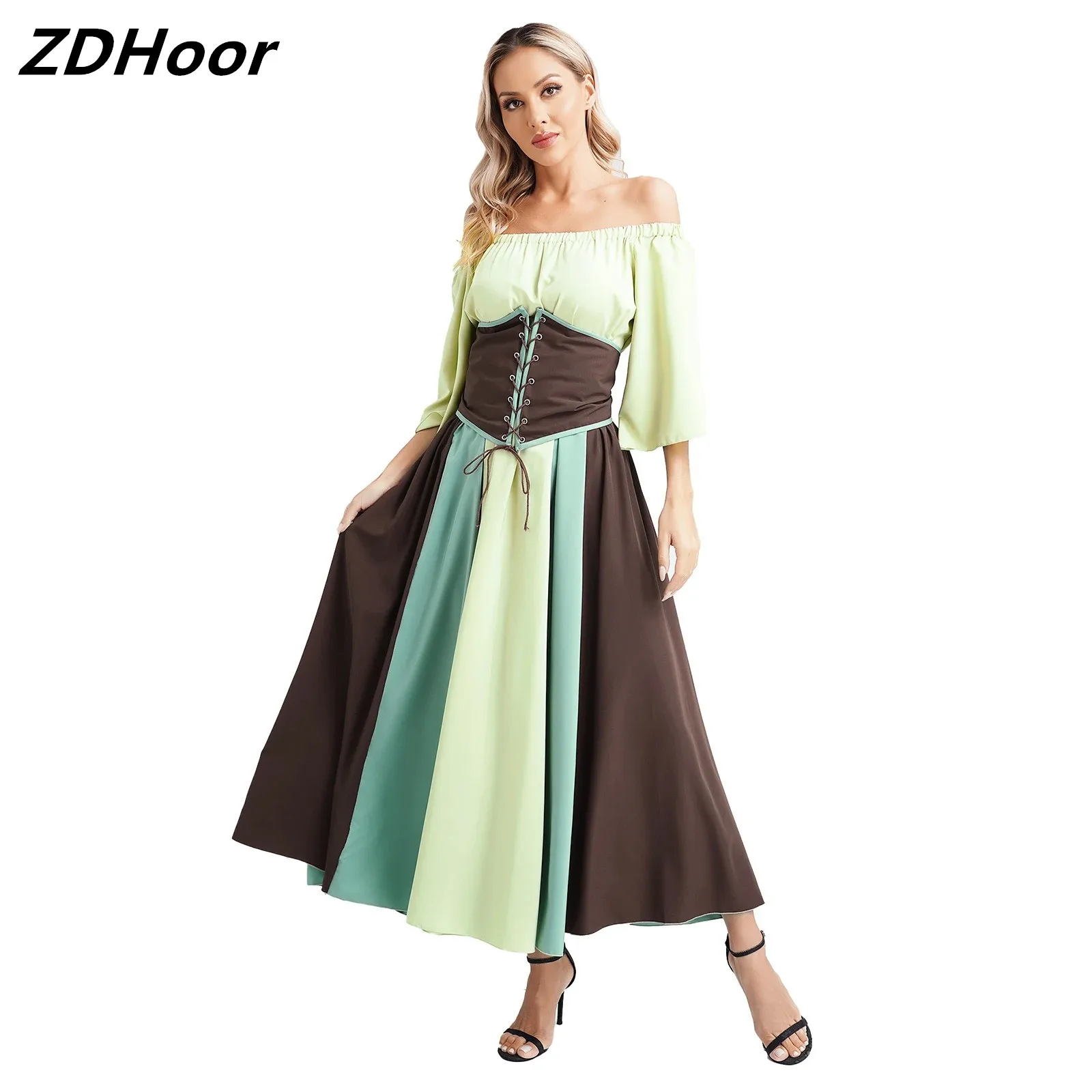 

Womens Medieval Contrast Dress with Lace-up Waist Belt Off Shoulder Fly Sleeve Contrast Hem Swing Dress Gothic Irish Dress