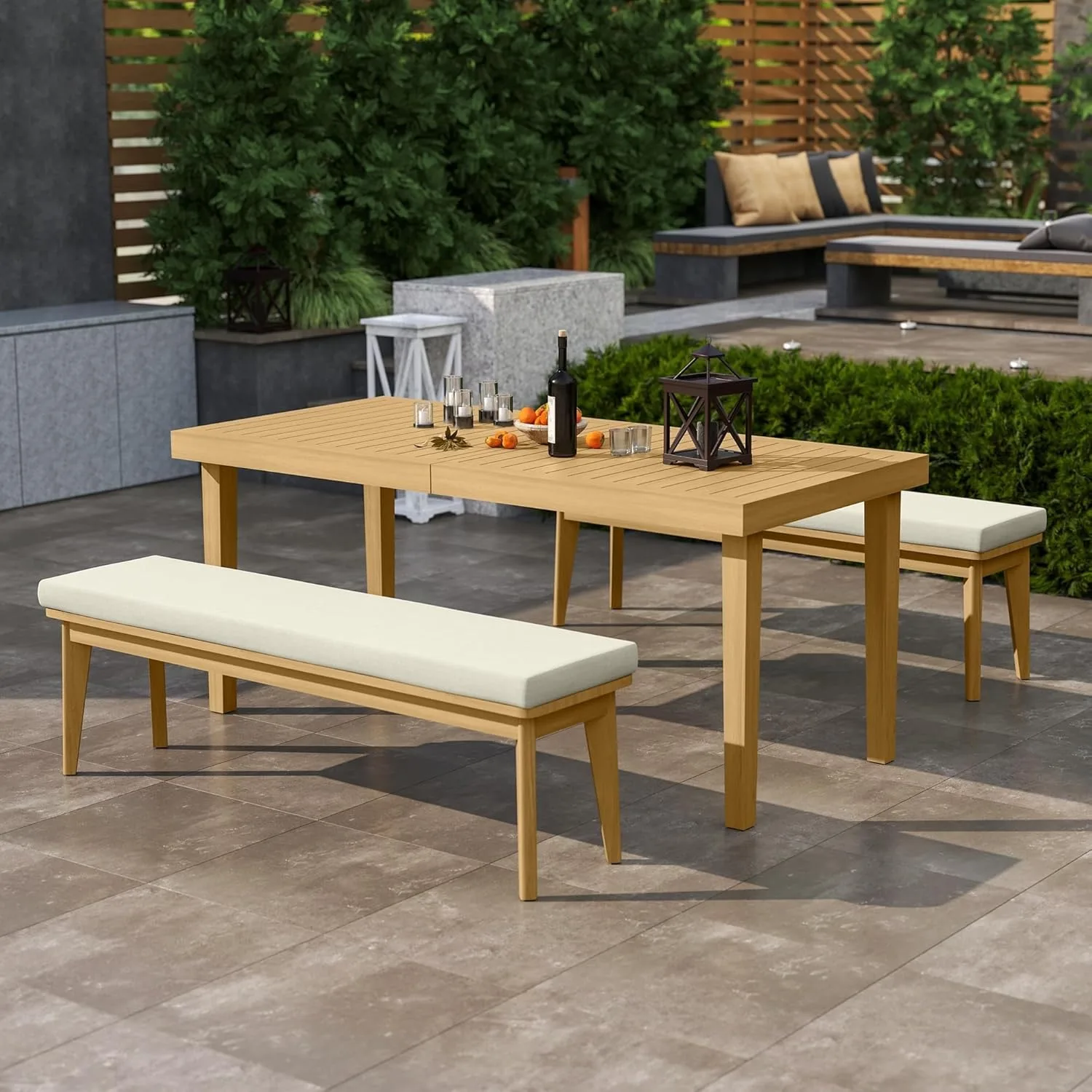 

RoyalCraft Acacia Обеденный набор для патио из трех предметов с обеденным столом и скамейкой, всепогодная деревянная скамейка с подушками