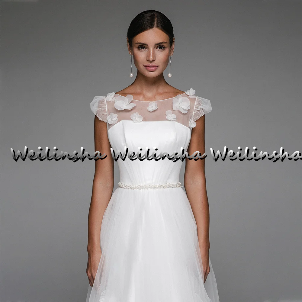 Weilinsha-Robe de mariée en tulle avec ceinture perlée pour femme, à lacets dans le dos, avec fleurs 3D, pour fête, été, 2022