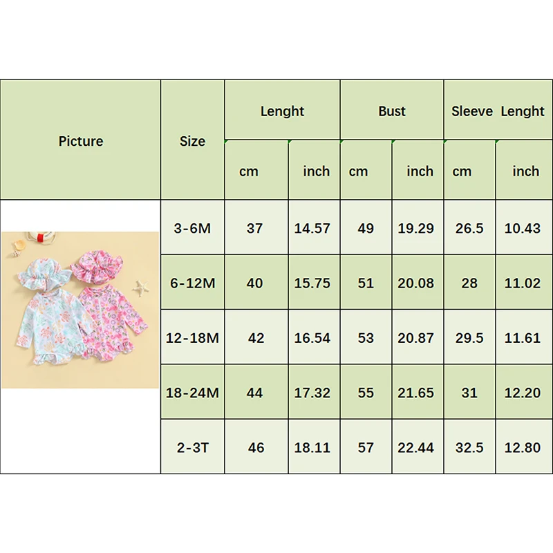 Toddler Girls Swimming Clothes Beach Swimwear Long Sleeve Seahorse/Turtle Print Romper Bathing Suit with Hat 2 Pieces Set