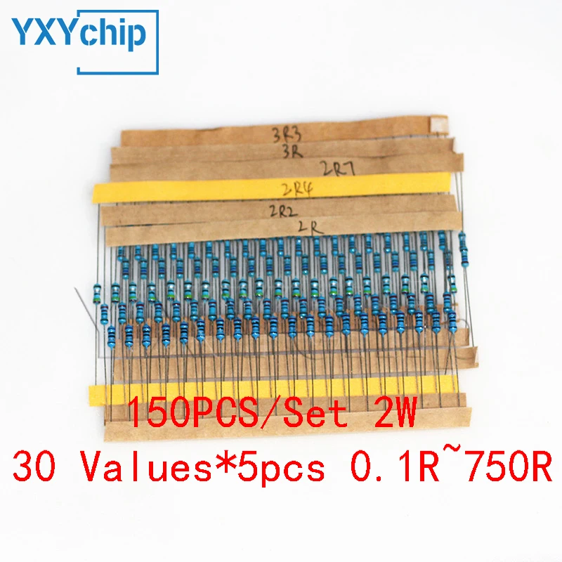 150PCS/Set 2W Metal Film Resistance Set Assortment kit,30 Values*5pcs 0.1R~750R 1% High Precision Set of resistors 10 ohm 15 ohm