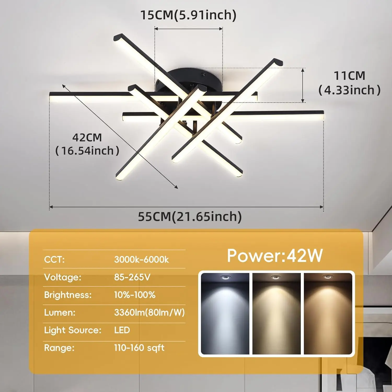 Caneoe Sputnik lampu Led Modern langit-langit, lampu Led 50W dapat diredupkan dengan pengendali jarak jauh perlengkapan lampu langit-langit hitam Flush Mount Chandelier