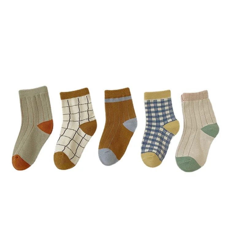 Korean Japanese Style 5 Pairs Kids Socks Fashion Cartoon Plaid Breathable Cotton Children Socks for Baby Boys and Girls