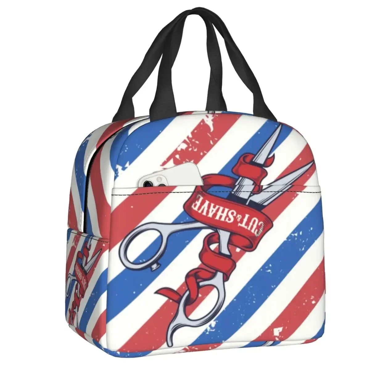 Custom Blue Red Stripe Hairdresser Barber Lunch Bag Men Women Warm Cooler Insulated Lunch Boxes for Children School