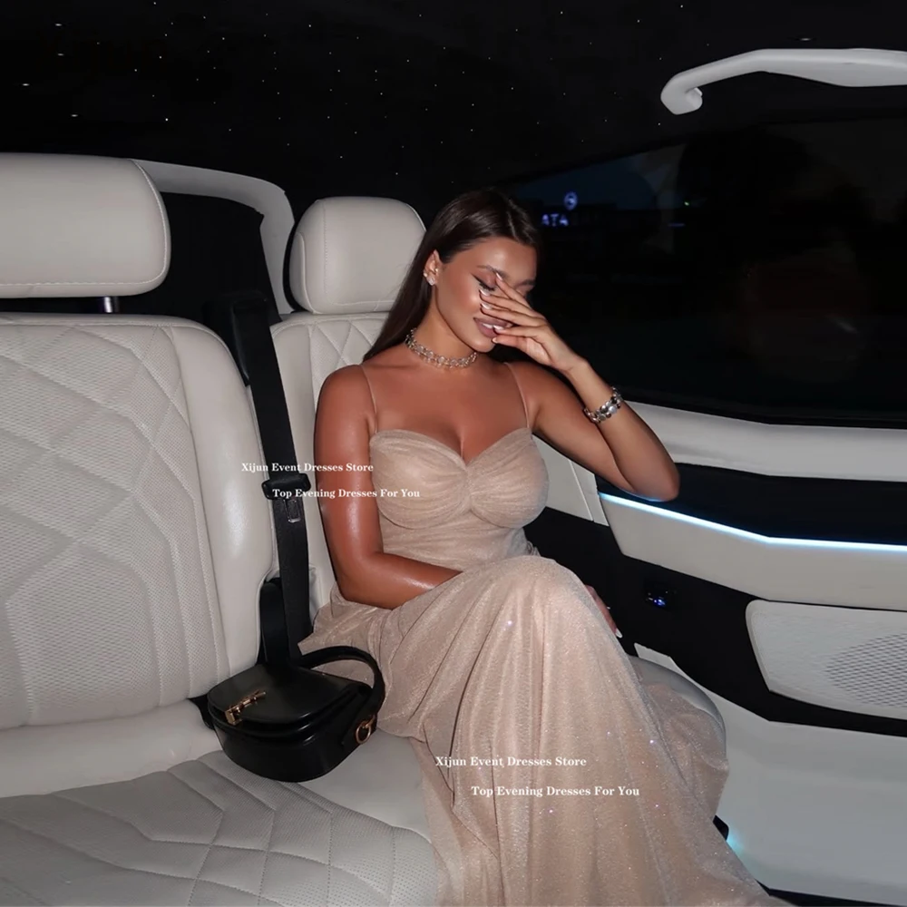 

Xijun Glitter Long Tulle Evening Dresses Sweetheart Sleeveless Formal Prom Dresses Sexy Spaghetti Strap Prom Gowns Customized