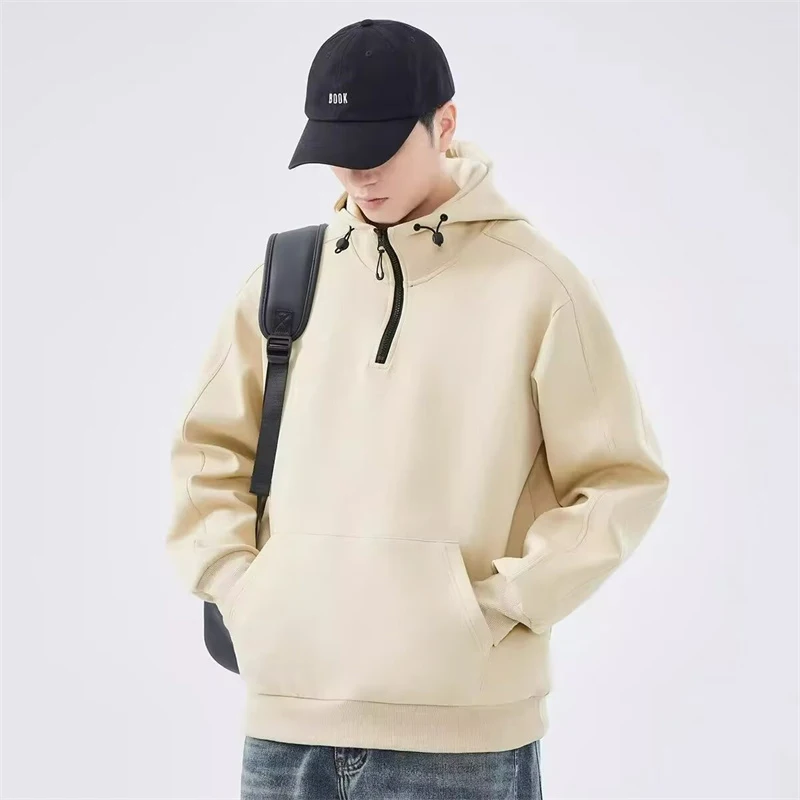 Autumn Casual Half Zipper Hooded Sweatshirts For Men High Street Fashion Fleece Pullover Hoodies Y2K Vintage Hoodie Tracksuit