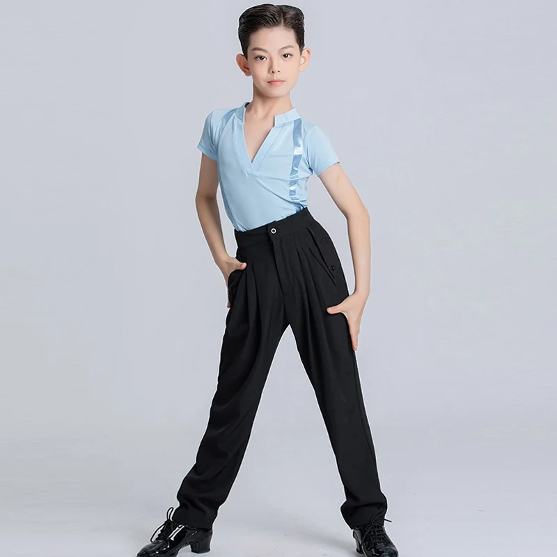 

Boys Ballroom Dance Costume Latin Dancing Performance Wear Blue V-Neck Shirt Black Pants ChaCha Rumba Dancer Outfit DL11279