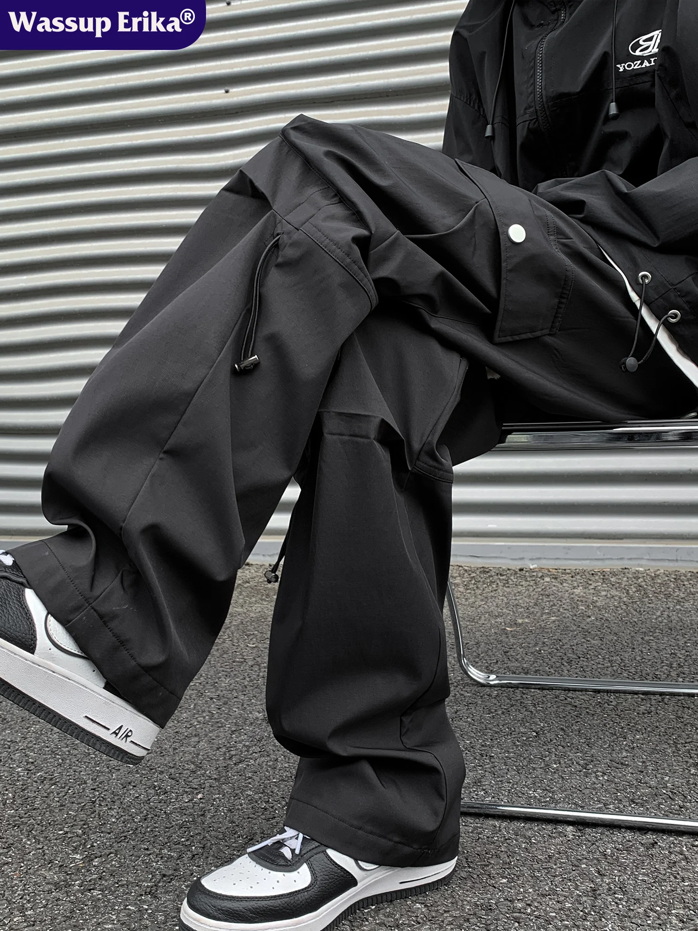 

WASSUP ERIKA Men's Loose Straight Leg Work Trousers Summer Outdoor Waterproof Faion Urban Sle Polyester Fiber Casual Pants