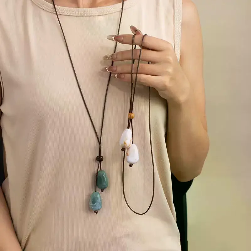 Elegant Long Oval Pendant Necklace New Chinese Style Simple Vintage Zen Fashion Design Jewelry Accessory