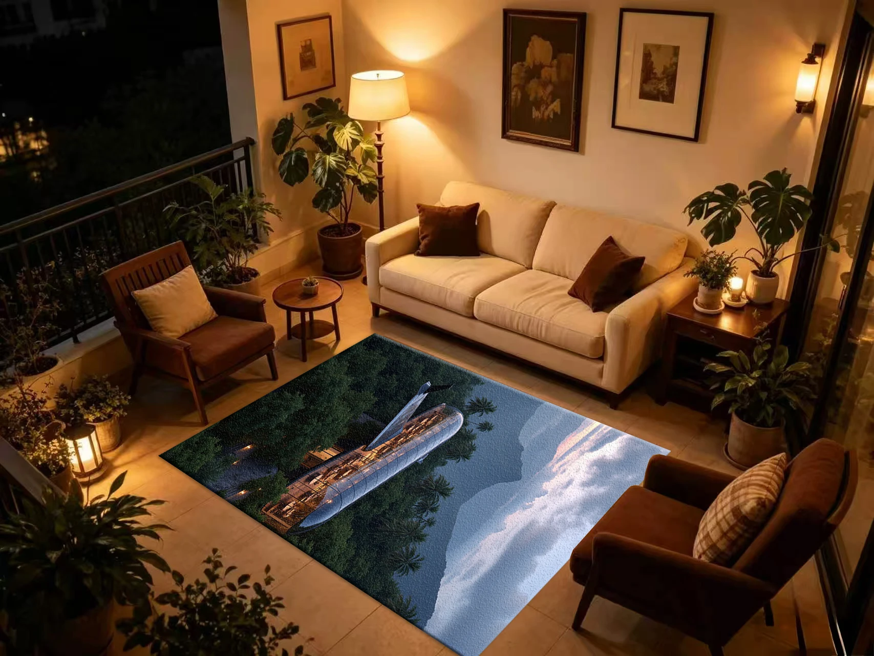 Airplane Shape Glass Building Tropical Forest Carpet Flooring, Modern Fantasy Architecture Non-Slip Area Rug for Living Room Home Floor Mat