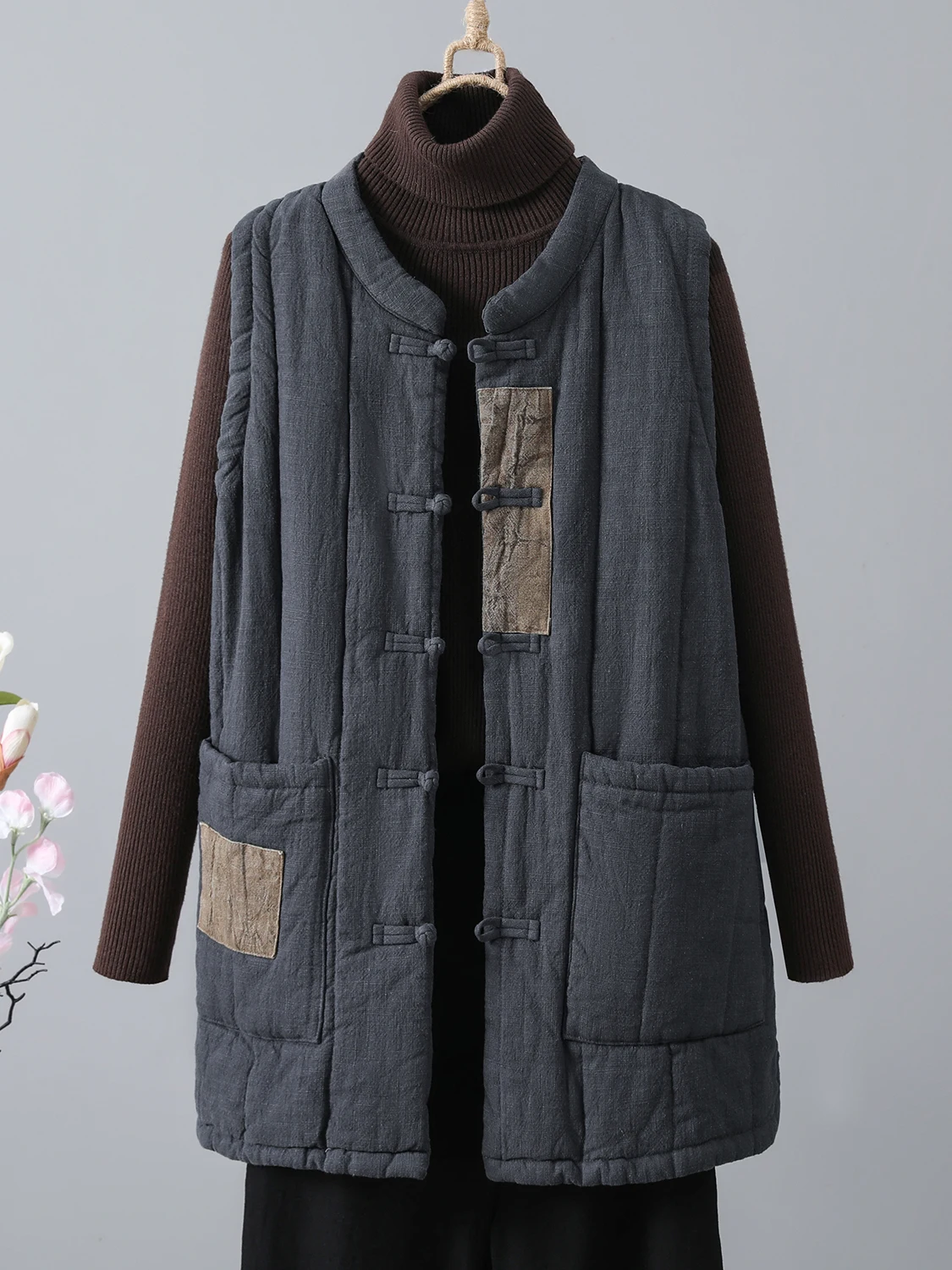 Rompi Wanita Musim Dingin Bahan Katun Linen Tebal Retro Kancing Hangat Kerah Bulat Lengan Panjang Warna