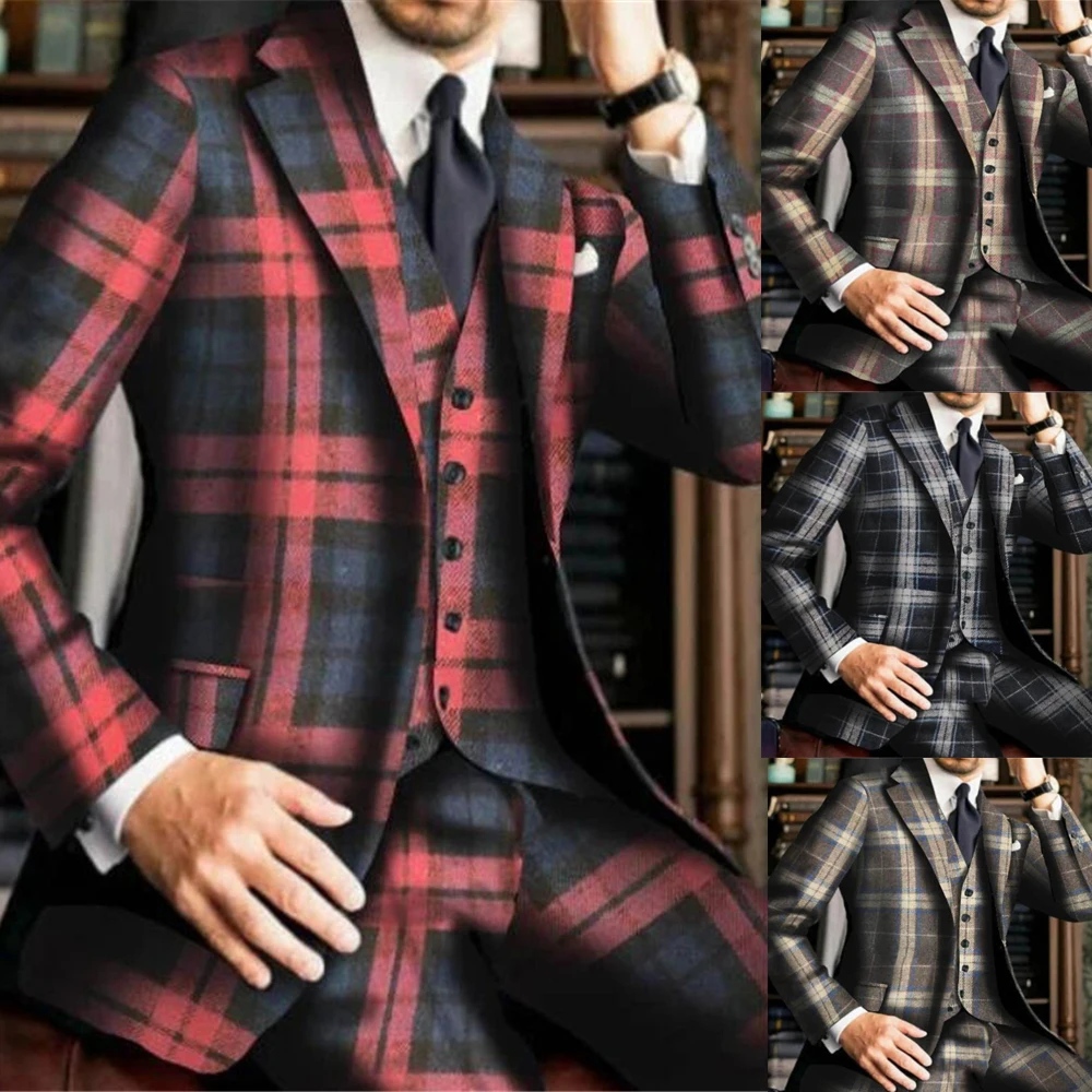 

Classic Plaid Check Suits Men Single Breasted Man Daily Blazers Customized Groom Wedding Tuxedos 3 Pcs Terno Masculinos Complete