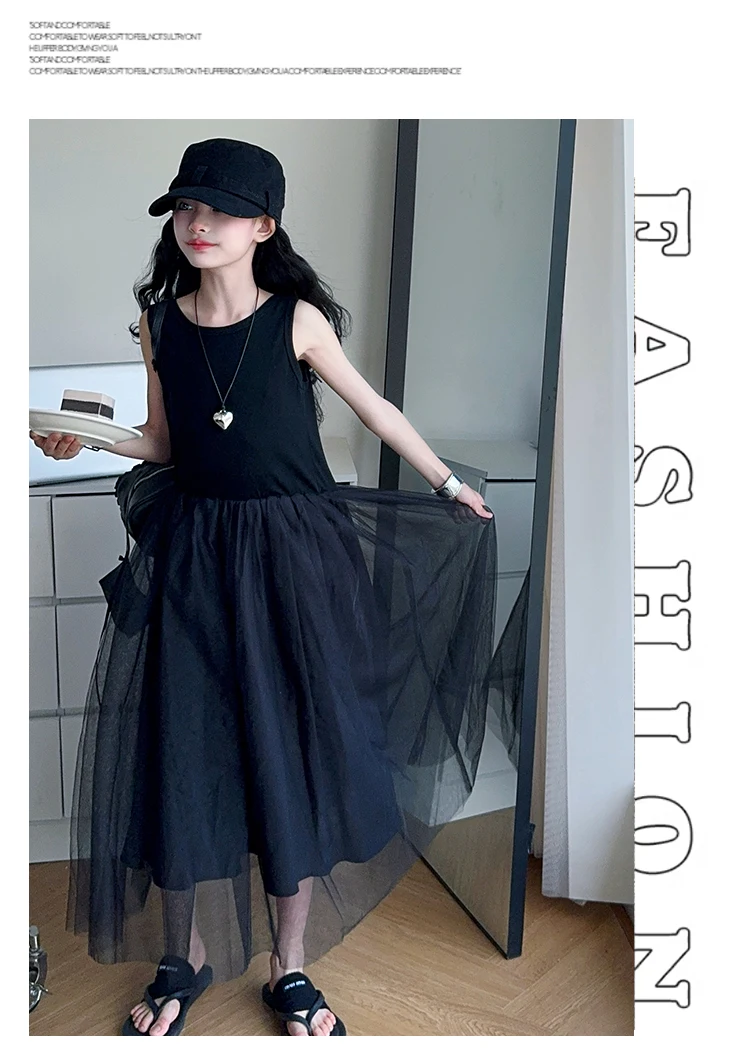 Schwarzes, rückenfreies, einteiliges Tüllkleid für Teenager-Mädchen, ärmelloses, langes Patchwork-Gaze-Kleid für Kinder, Sommerkostüm. – Detail 10