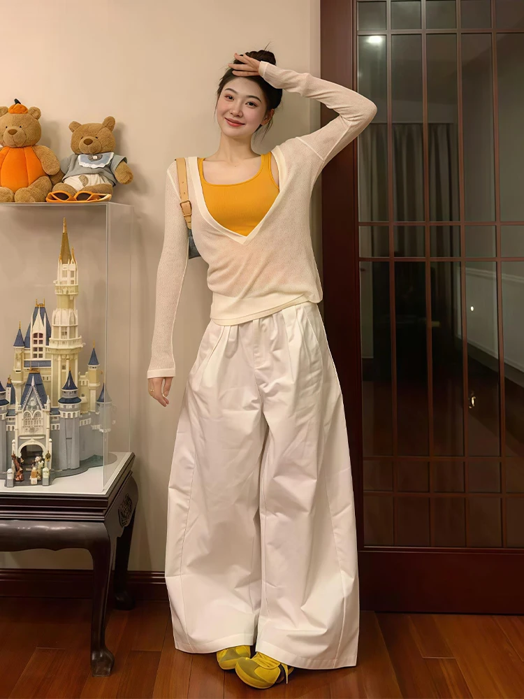 

Summer New plus Size Women's Fashion Set White Sun Protection Cover up Vest Casual Pants High Waist Loose Fit V-Neck Shirt
