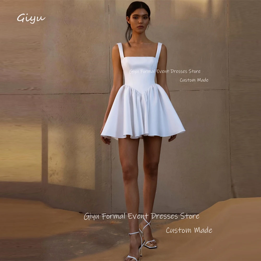 Giyu Simple White Mini Short Wedding Dresses Straps Square Neck Beach Summer Bride Dress Formal Party Gowns Robe de mariage