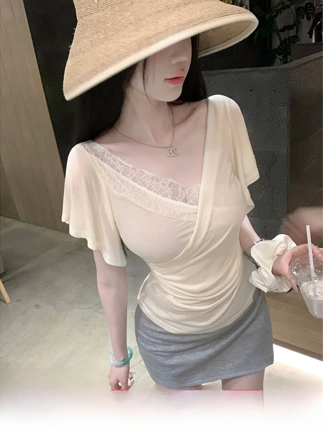 Syqiao Soft Cloud  Summer New Short Sleeve T-Shirt V-neck Lace Flower  Women's Acetate  Silk Top Simple Style