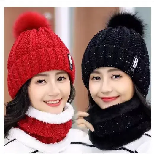 2PCS winter warm knit hat set Winter hat thick plush windproof cold casual warm hat scarf