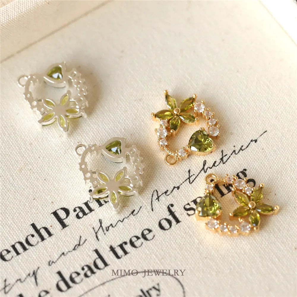 

1PCS 19.3x18mm DIY Handmade Accessory of Copper-plated Real Gold Round Olive Green Flower Heart-shaped Zircon Garland