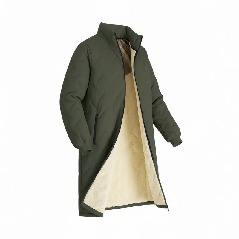 KIDWHXR Men Mid Length Fleece Jacket Autumn Winter Solid Stand Collar Male Coat Thicken Windproof Long Sleeve Man Windbreaker
