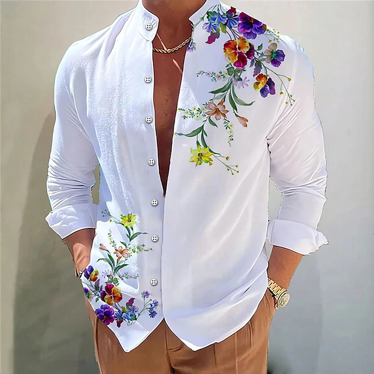 Camisa con estampado 3D de flores para hombre, camisa informal de manga larga con cuello levantado, a la moda y cómoda, para uso diario y al aire