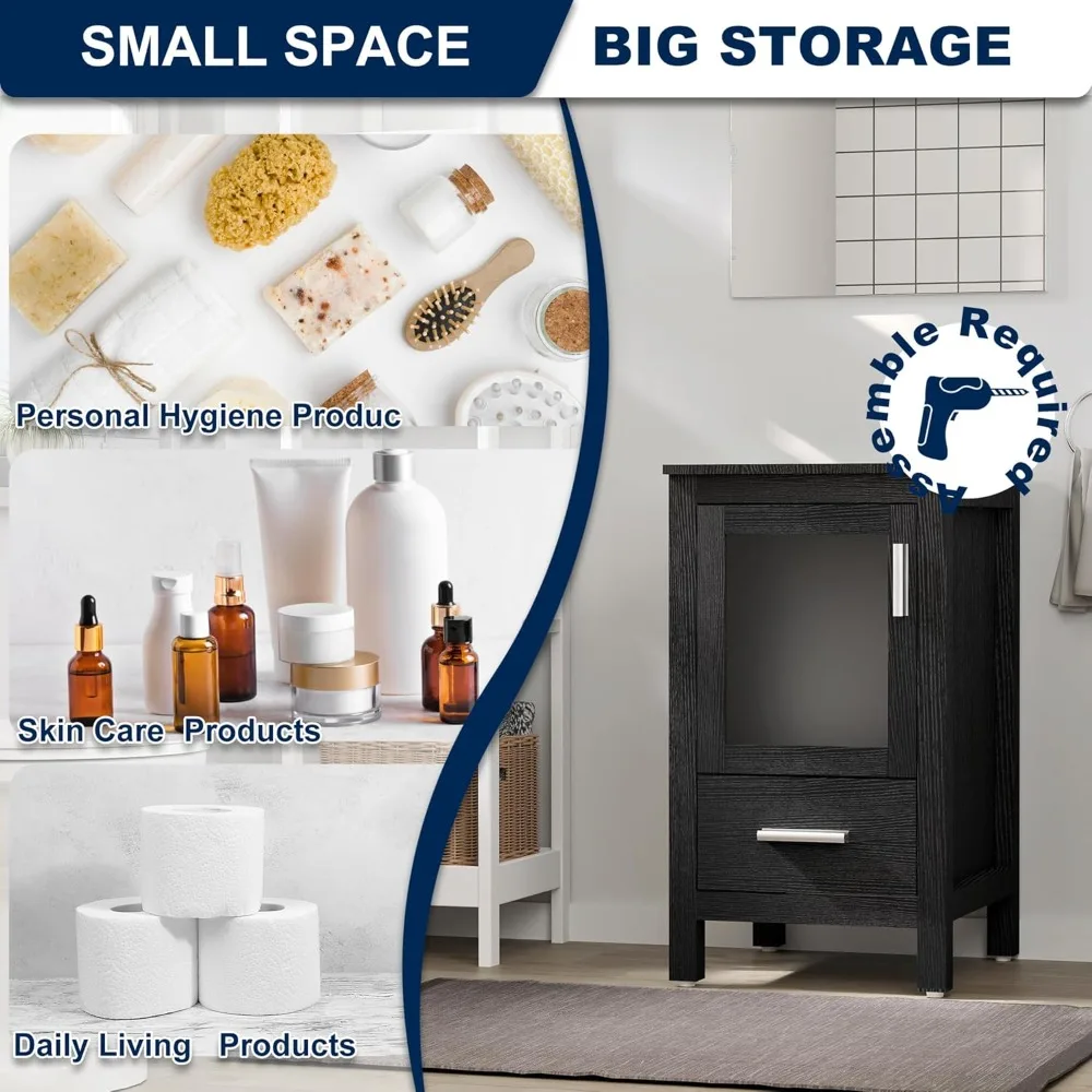 

18" Modern Small Bathroom Vanity Sink Combo – Freestanding Cabinet with Matte Glass Door, Drawer & Tempered Glass Vessel Sink