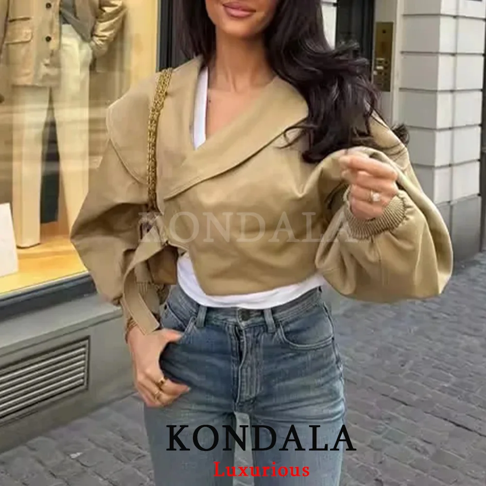 

Женская куртка KONDALA в стиле кэжуал-шик, с V-образным вырезом, свободного кроя, с поясом, укороченная, модная коллекция Весна-Лето 2026, для офиса и отдыха
