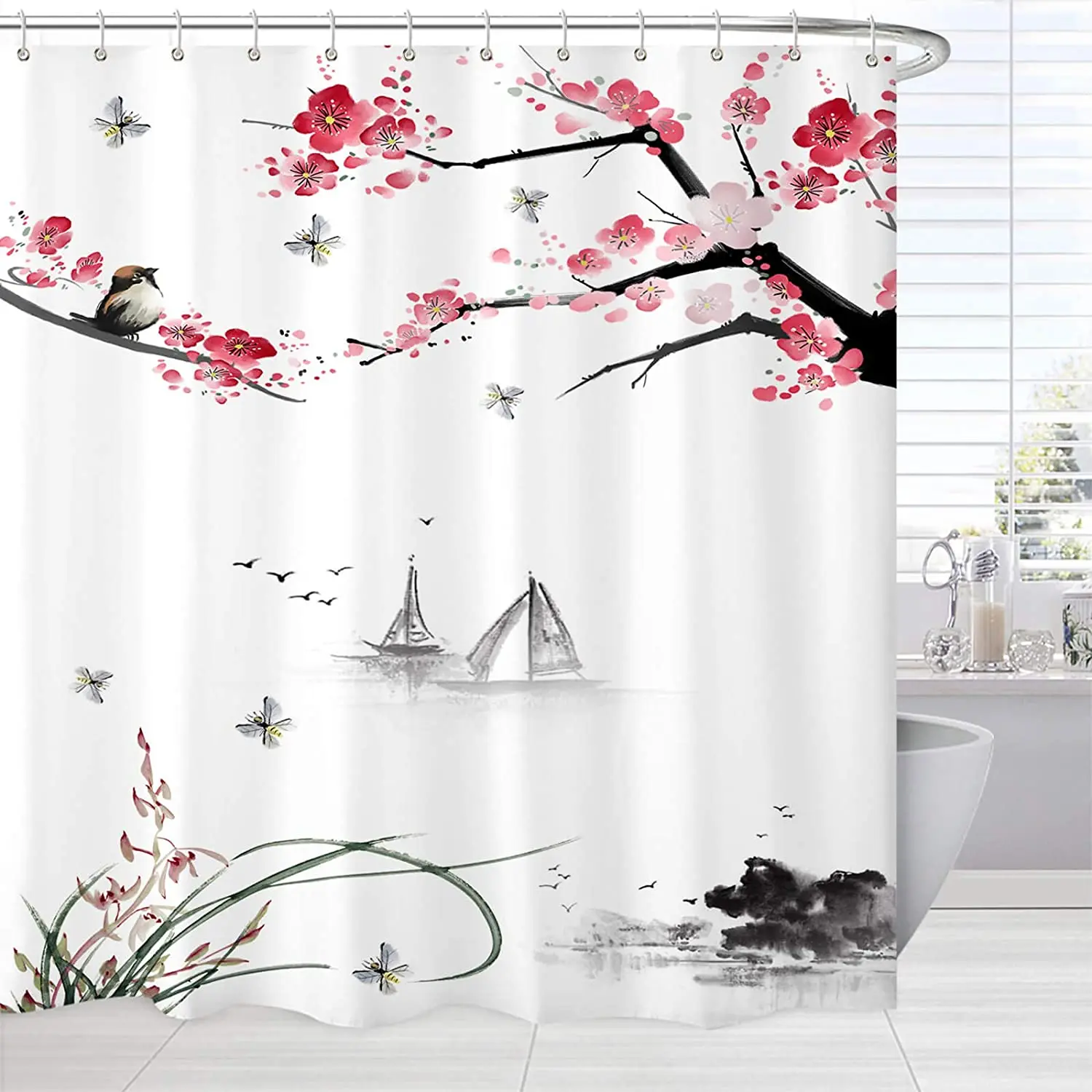 Blue Floral Bird Shower Curtain Watercolor Flower Birds Tree Branch Cherry Blossom Abstract Art Bathroom Decor Fabric with Hooks