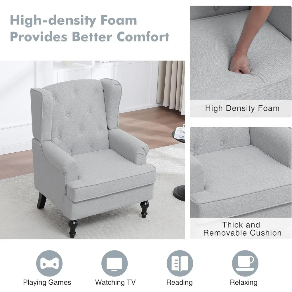 كرسي بذراعين عصري من منتصف القرن لغرفة المعيشة - كرسي منجد عالي الظهر بتصميم معنقدة وأرجل من الخشب الصلب