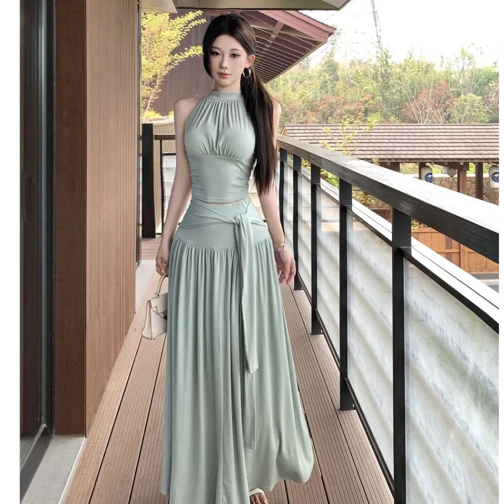 

Sexy Spicy Girl Style Half High Collar Vest Top Women Summer New High Waist Tie Waist Half Body Long Skirt Two Piece Set