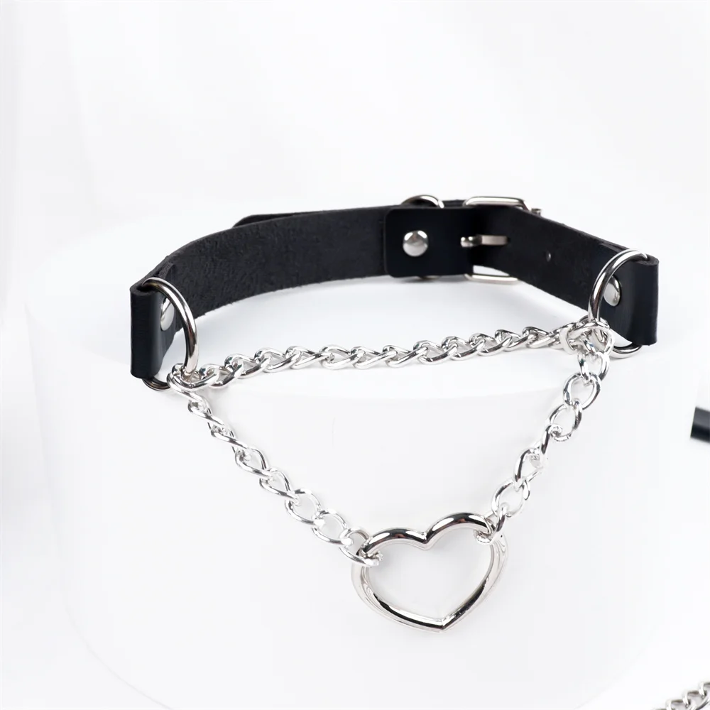 Hip Hop PU Leather Metal Chain Love Necklace for Men and Women Harajuku Dark Gothic Style Necklace Jewelry Dressing Collar