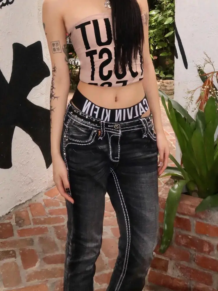 Plus size americano bordado lavado cintura baixa queimado jeans para mulheres verão y2k millennium estilo fino ajuste sino calças inferiores