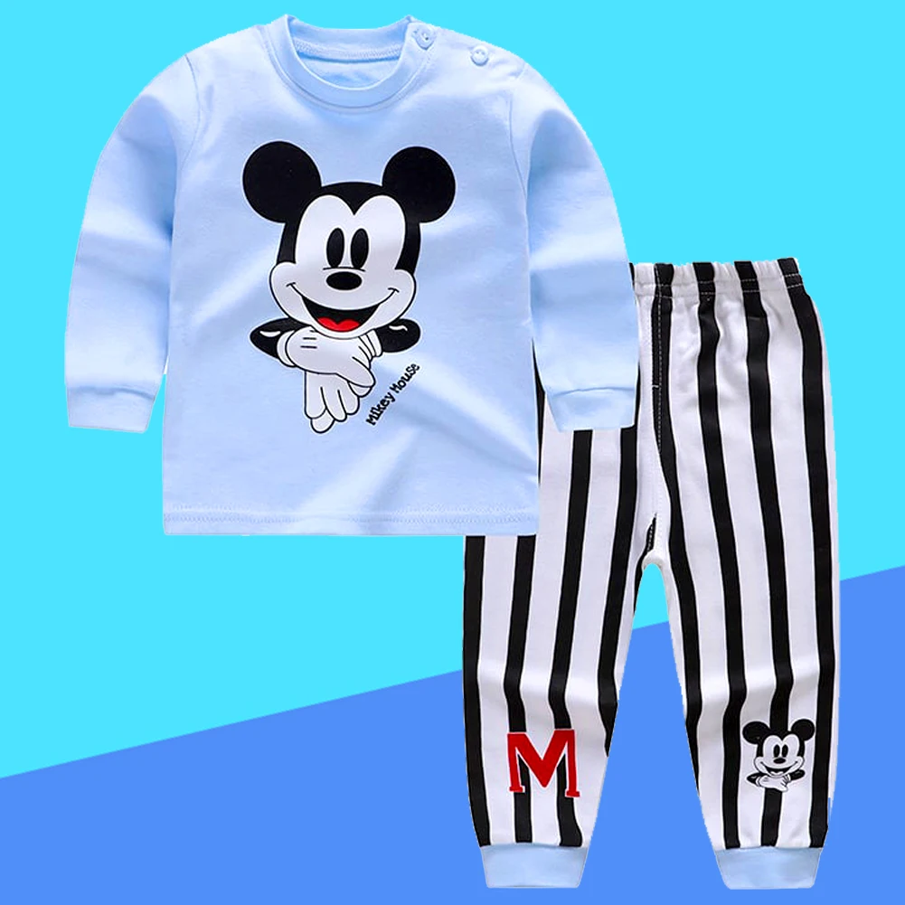 New Spring fall Children\'s Clothing Sets Boys Mickey Stripe Cartoon Sleepwear Clothes Kids Pajamas Set Baby Girls Cotton Pyjamas