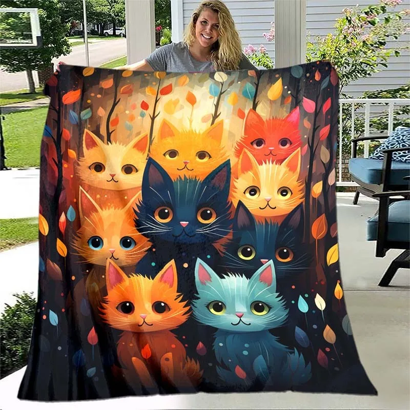Colorful Cute Cats Blanket For Home Lightweight Flannel Throw For Sofa Bed Travel Camping Livingroom Office Couch Chair