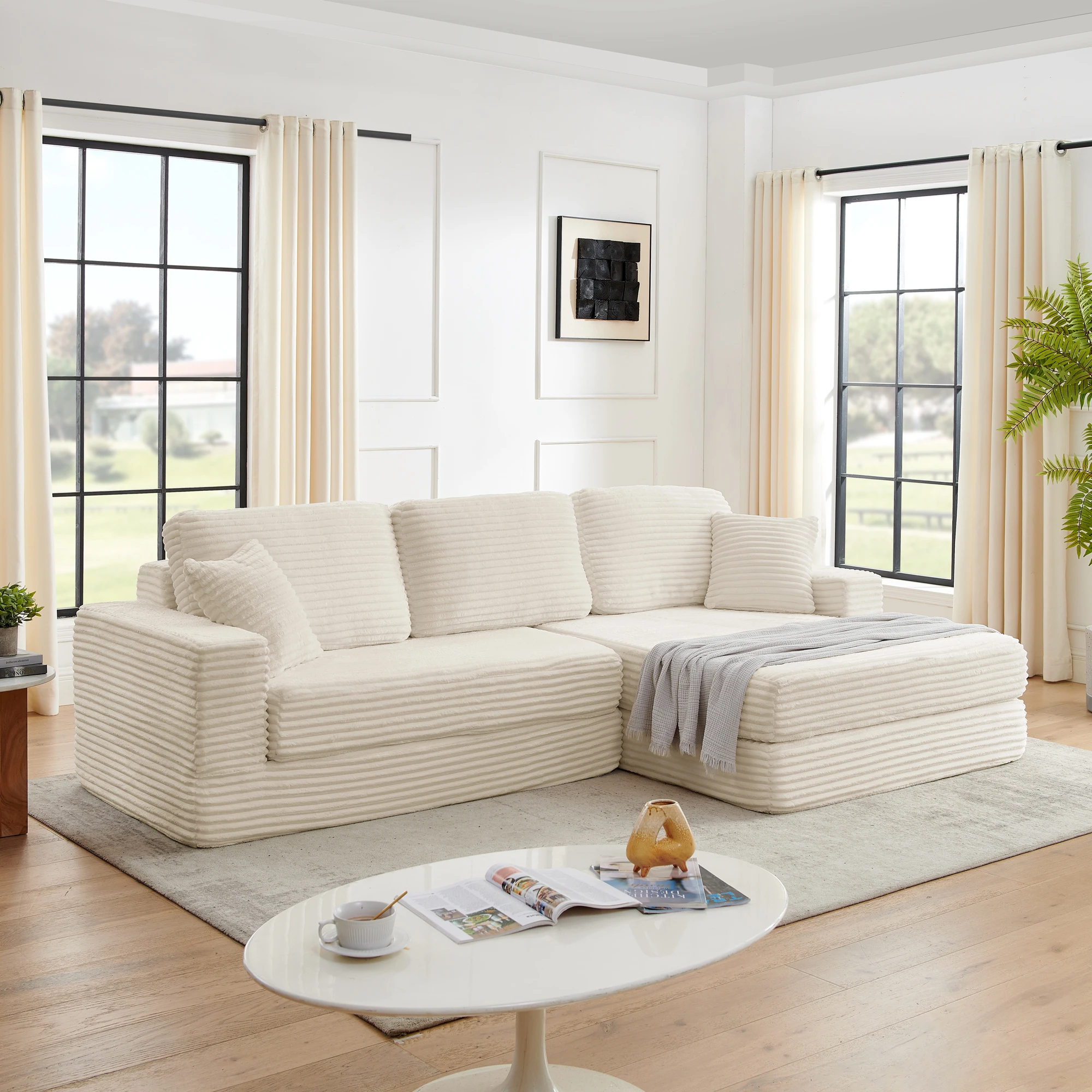 

！@L-Shaped Modular Sectional Sofa Set Corduroy Cover Sofa Bed Modern Minimalist Style for Apartment & Hotel Use