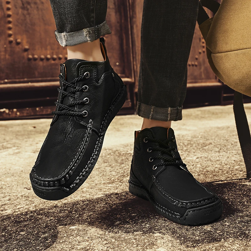 

Brand High Top Handmade Stitched Casual Boots Fashion Flat Bottomed Comfortable Walking Men Boots Outdoor Anti Slip Sports Boots