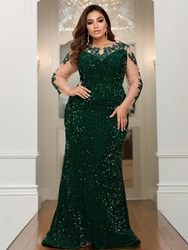 Curve Evening Party Long Dress Lace Patchwork Sequined Velvet Full Sleeved Hollow Out Maxi Prom Gown for Women
