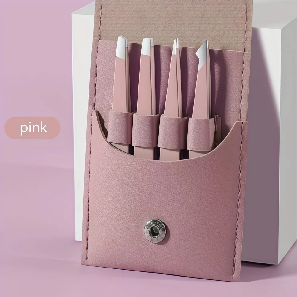 Zestaw 4 szt. pęset ze stali nierdzewnej do brwi, pęsety z ostrym czubem i skośnym otworem do usuwania włosów z torbą do przechowywania, pęsety do rzęs.