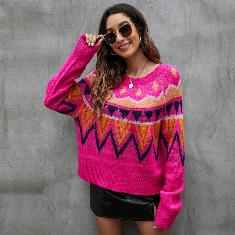 Womens Fluorescent Powder Sweater Spring Autumn Raglan Sleeve Geometric Jacquard Casual Loose Knitted Pullover Tops Jumpers