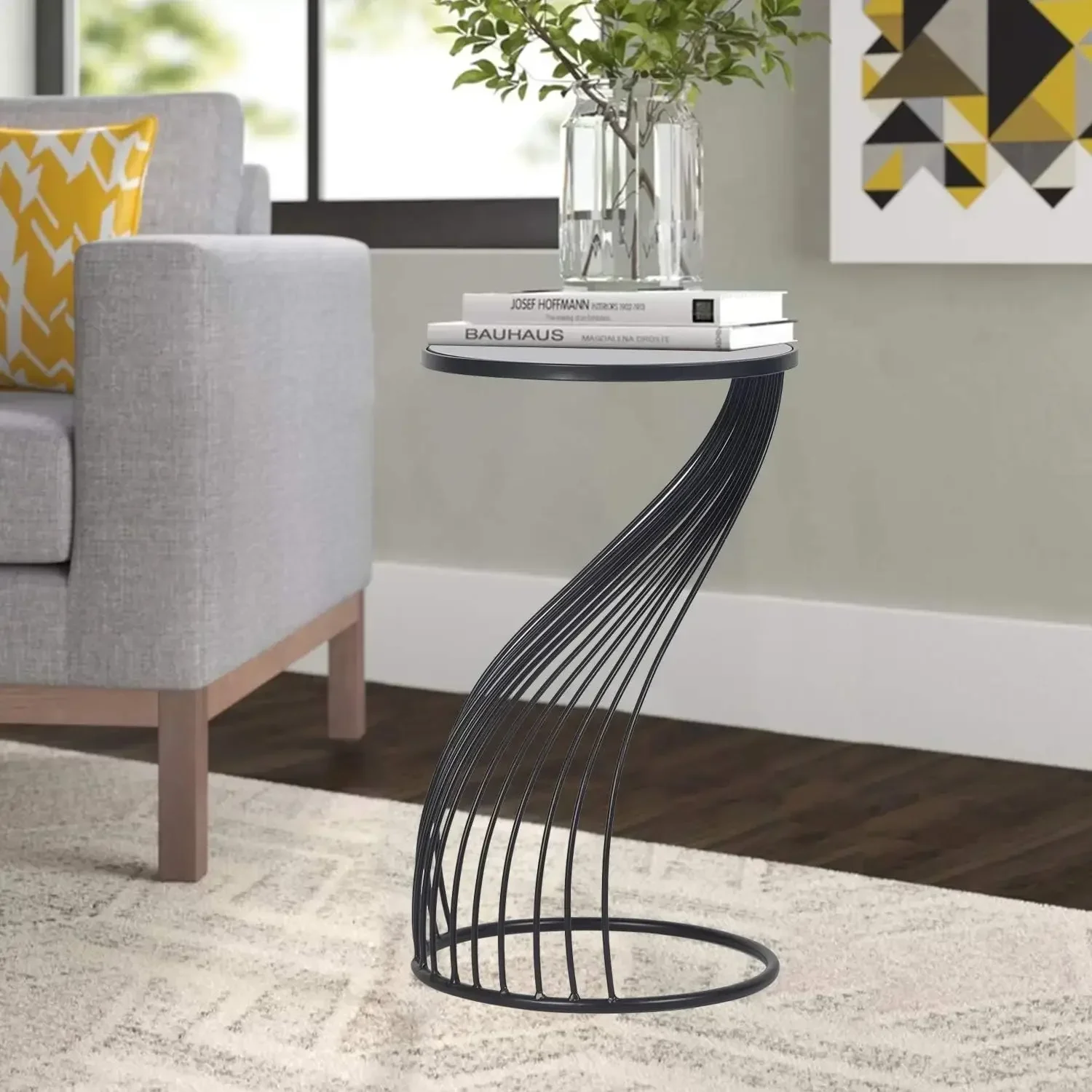 Round End Table- Metal Side Tables- Small Nightstand Accent Coffee Tables for Living Room(Streamline Black)