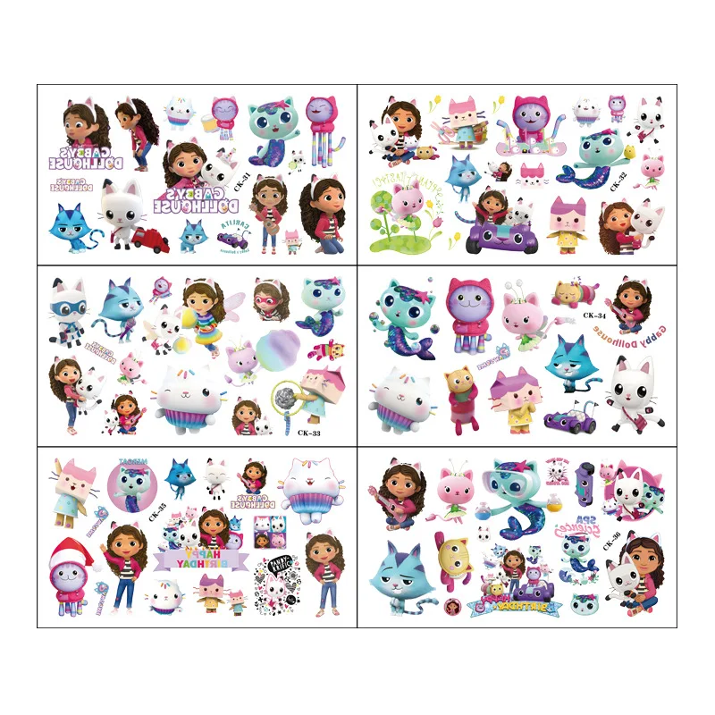 6Pcs Gabby Dollhouse Tattoo Stickers Waterproof Cute Sticker Anime Birthday Party Supplies Decoration for Kids Reward Stickers