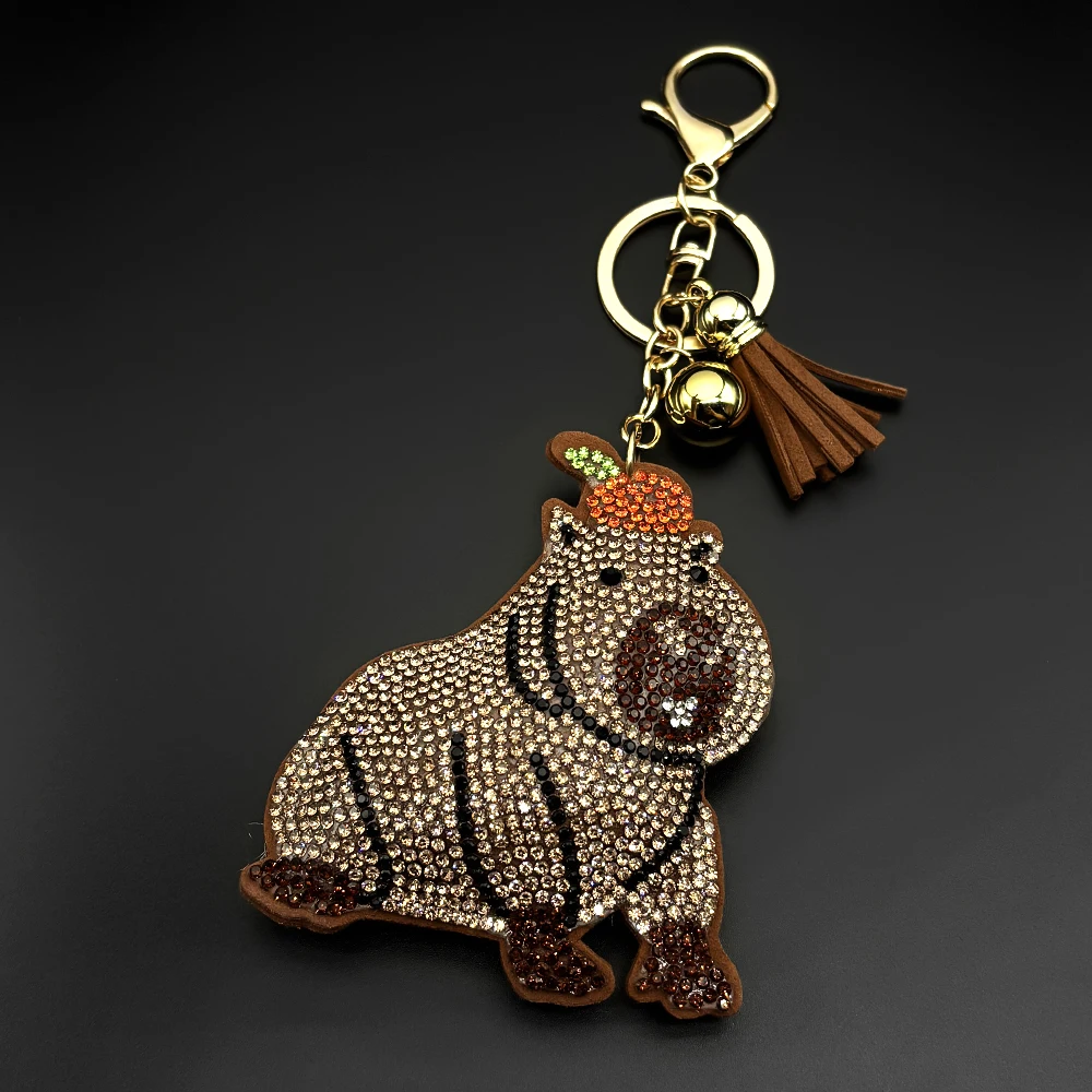 Sparkly Rhinestone Capybara Keychain Cute Capibara Orange Fruit Brown Tassel Bell Bag Charm Animal Lover Birthday Jewelry Gift