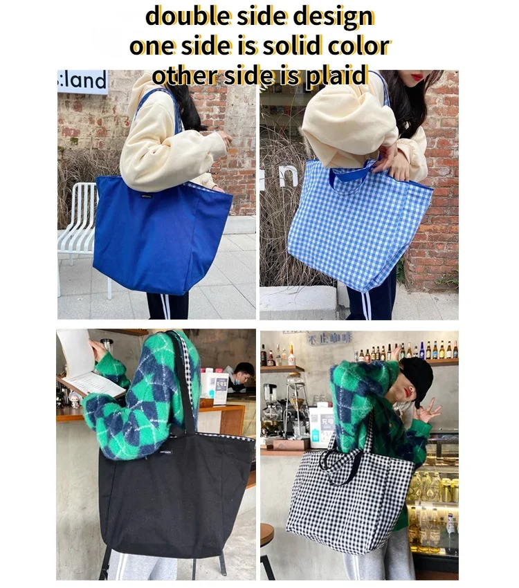 Simple Plaid Women Double Side Shoulder Bag Student Female Casual Tote Handbags Large Capacity Ladies Eco Reusable Shopping Bags