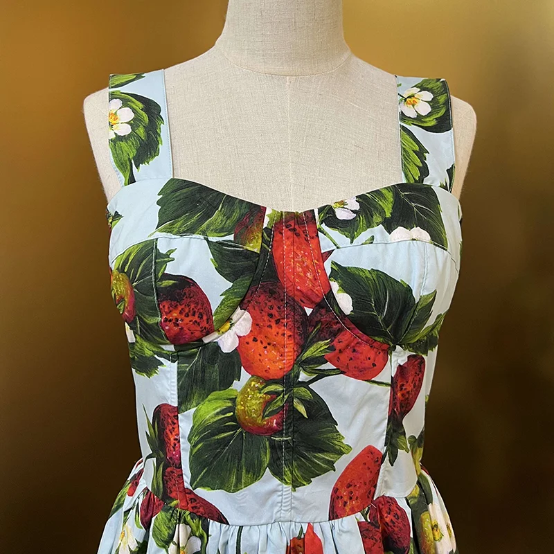 2023 Fashion Designer Summer Cotton Women Spaghetti Strap Strawberries Floral Print Bohemian Vacation Party Dresses