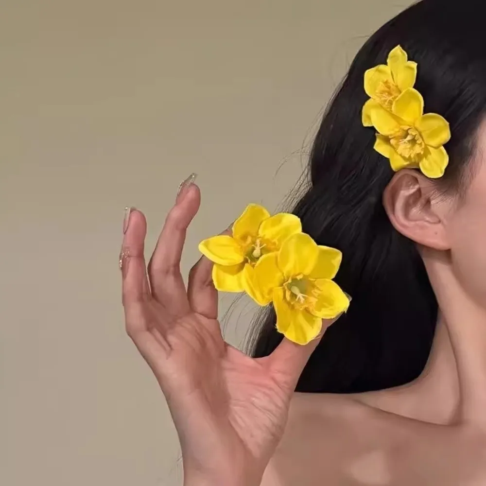 

1PCS Double Flowers Hair Clips Yellow Pink White Simulation Flower Flower Hairpin Hair Decor For Women Girl Beach Wedding