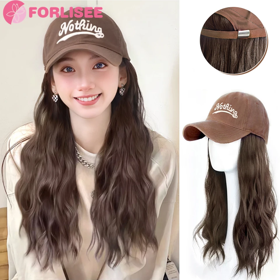 Synthetic Hat Wig Women's Long Hair Fashion Sweet Cool Water Ripple Baseball Hat Natural Simulation Hair Full Head Cover