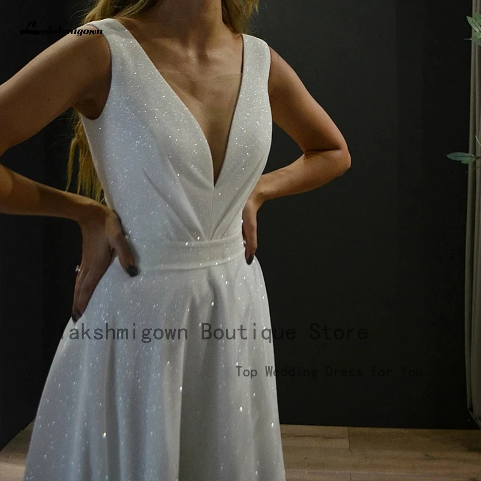 Lakshmigown Glitter Sequin Een Lijn Trouwjurk V-hals Vestidos Sexy Bridal Beach Partij Jassen Ruglooze 2023 Robe De Mariage