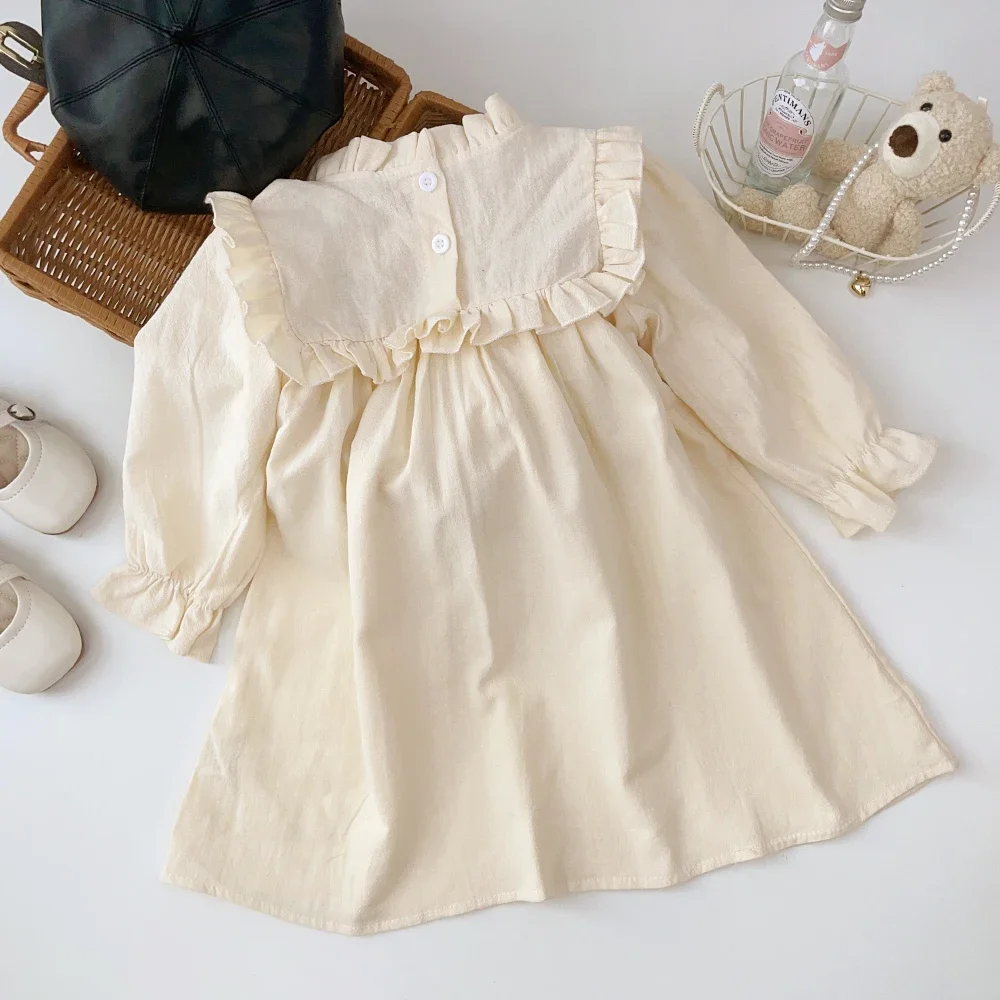 2023 New Spring Autumn Flower Embroidery Design Girls\' Dress French Round Neck Ruffle Cute Girls\' Long Sleeve Skirt