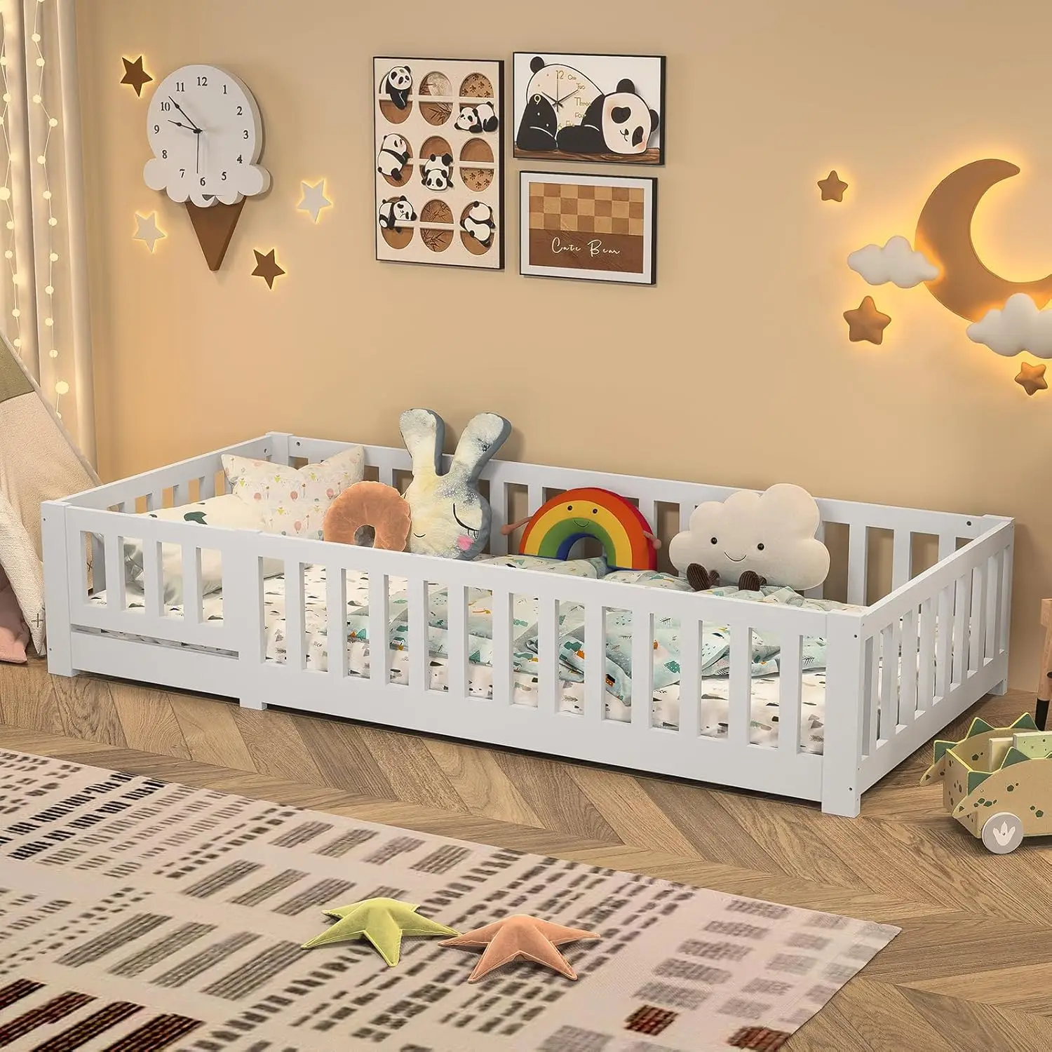 Cama Infantil Montessori Rosahqnda 90/120/140x200cm, Puerta Extraíble, Protección Anticaídas y Puerta, Pino Macizo Blanco, Cama con Base de Láminas